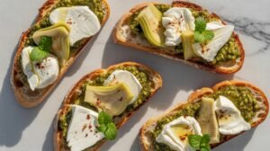 burrata artichoke pesto tartines