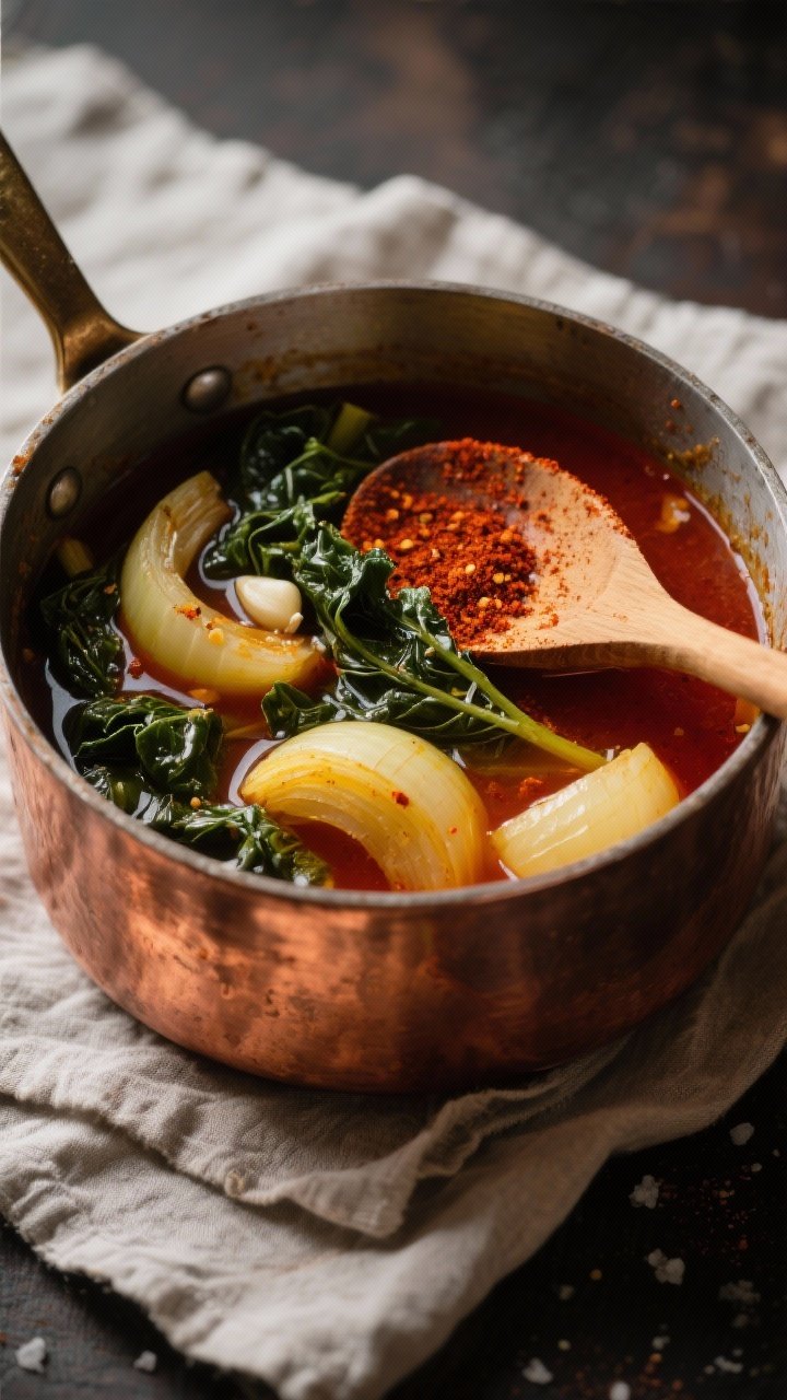 45-degree angle shot of a rustic pot of boiled onion potlikker: thick wedges of yellow onions simmering in a copper saucepan filled with deep amber broth, visibly seasoned with smoked paprika, garlic powder, olive oil, and kosher salt. Collard or mustard greens are just wilted into the potlikker, their dark green leaves contrasting against the paprika-red broth. A wooden spoon rests on the rim, paprika dusted on a linen, moodier lighting to evoke Southern comfort.