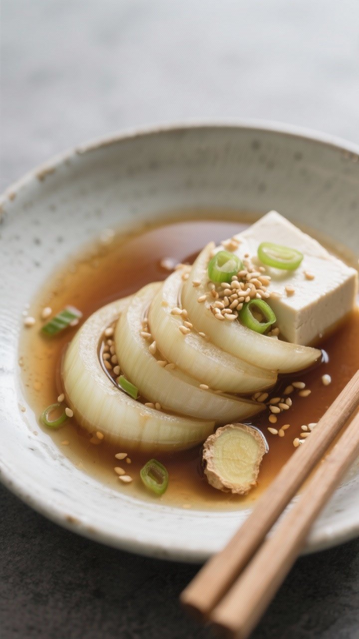 Close-up, straight-on bowl shot of ginger-miso boiled onions: halved sweet onions layered in a clear, silky miso broth with thin coins of fresh ginger, a hint of soy sauce/tamari, and a few droplets of sesame oil shimmering on the surface. Silky tofu cubes nestle between onion layers, garnished with sliced scallions and toasted sesame seeds. Minimal, Zen styling on a matte gray surface with ceramic chopsticks, bright but soft light highlighting the delicate umami gloss.
