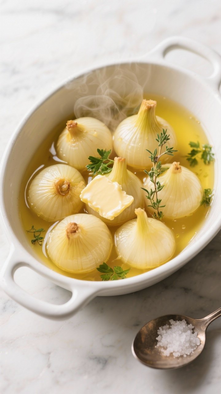 Overhead shot of classic butter-boiled small yellow onions nestled upright in a shallow white enamel braiser, their bases intact to hold shape, bathed in golden low-sodium chicken broth with glossy pools of melted unsalted butter and a drizzle of olive oil. Fresh herb sprigs (thyme and parsley) float and cling to the tender onion layers, steam rising, on a light marble surface with a ladle and a small dish of flaky salt nearby. Soft, warm lighting emphasizes the melt-in-your-mouth translucence and buttery sheen.