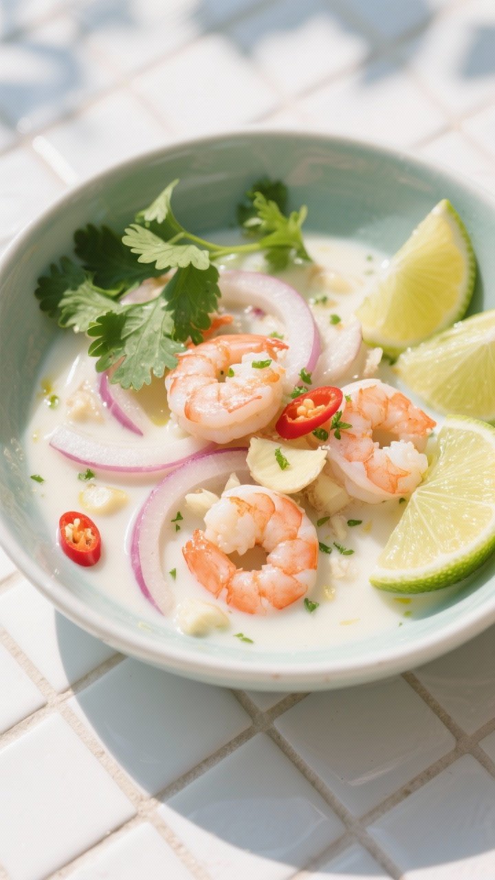 Overhead tropical bowl shot of coconut-lime boiled onions with shrimp: thinly sliced sweet onions silky in a creamy coconut milk broth, dotted with pink shrimp, minced garlic, grated fresh ginger, and thin slices of small red chili. Lime wedges and zest brighten the scene, with a drizzle of coconut oil sheen on top and cilantro leaves scattered. Bright, sunlit styling on a white tile background for a fresh, coastal feel.