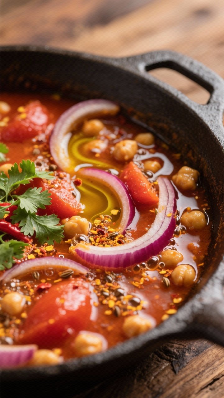 Process shot at 45 degrees of a spiced tomato-onion boil with chickpeas in a cast-iron pot: thick half-moons of red onions simmering in a tomato-rich broth, bubbles catching specks of cumin seeds, ground coriander, turmeric, and chili flakes. Chickpeas are visible throughout, with a swirl of olive oil on top and a sprinkle of fresh cilantro for contrast. Warm, saturated tones and a rustic wooden backdrop emphasize hearty, aromatic comfort.