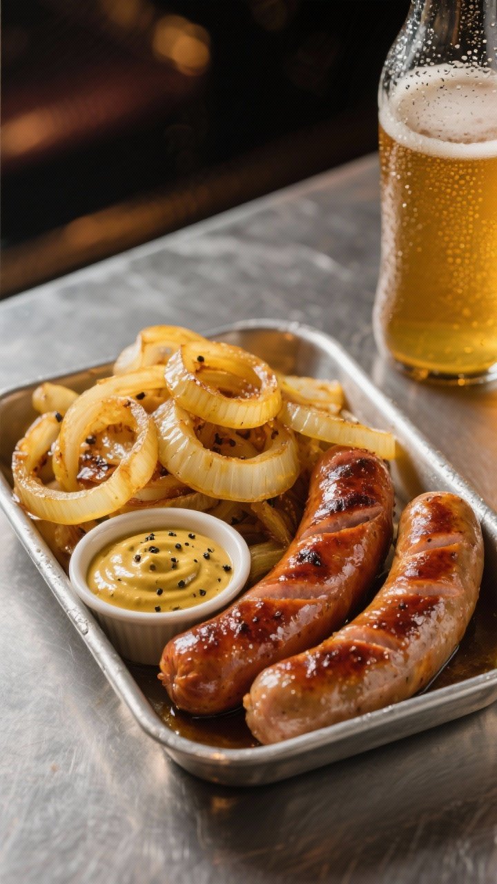 Straight-on, pub-style serving shot of beer-boiled onions with brats: thick rings of yellow onions glazed from simmering in lager, heaped beside juicy bratwursts in a shallow metal tray. A small ramekin holds a tangy mustard bath, with visible black pepper flecks and a hint of brown sugar sweetness. Condensation on a beer bottle in the background, muted bar lighting, and a brushed steel surface underscore the hearty, savory vibe.