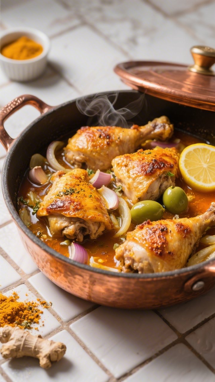 45-degree angle, braise-in-progress of Moroccan-spiced chicken tagine (no tagine): bone-in, skin-on chicken thighs seared golden, nestled with sliced onion, minced garlic, and grated fresh ginger; warm spices visible as a rub (turmeric, cumin, coriander hinted), orange-gold braising juices bubbling around, preserved lemon and green olive accents suggested in a small ramekin; steam curling up, copper Dutch oven on a tiled surface, rich saffron-hued glow, caramelized edges on chicken skin.