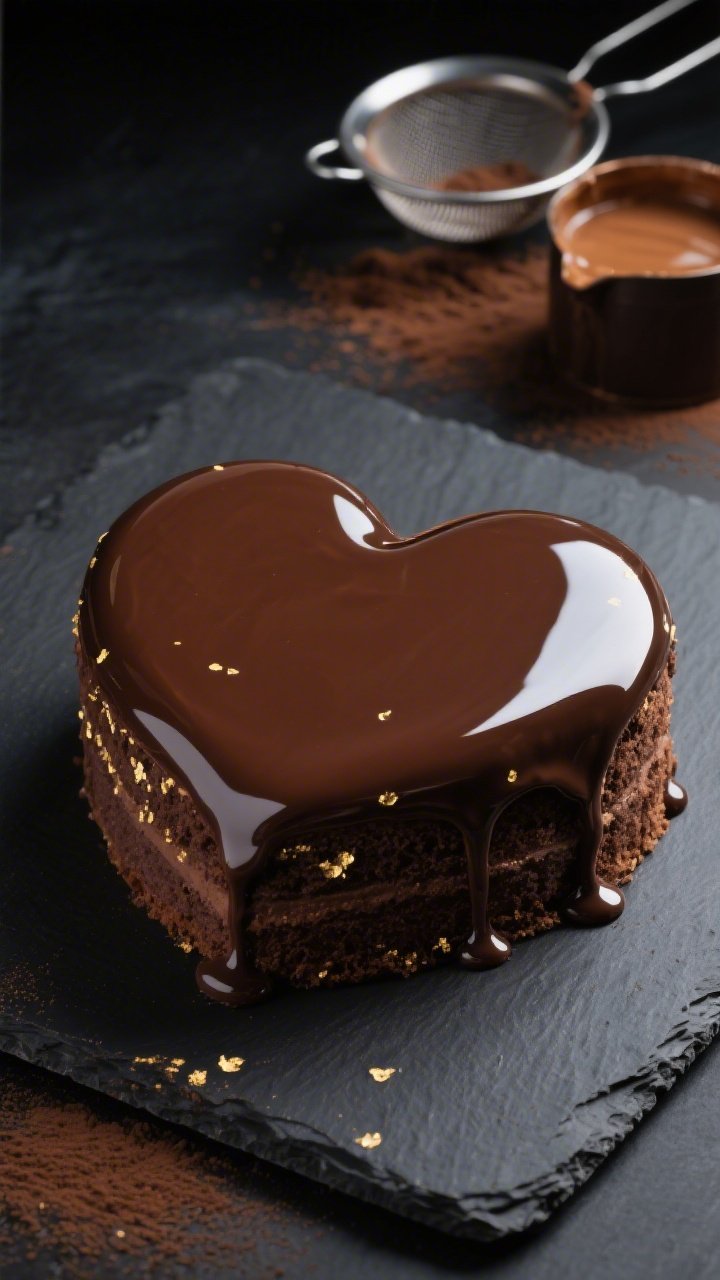 45-degree angle close-up of a Chocolate Mirror-Glazed Heart cake on a black slate: ultra-glossy, flawless mirror glaze made from heavy cream, water, granulated sugar, Dutch-process cocoa powder, and powdered gelatin draped over a chilled 8-inch heart chocolate cake layer; delicate edible gold flecks catching soft highlights; a drip line perfectly even, with a reflection visible on the glaze; minimal styling—only a fine-mesh sieve with cocoa dust traces and a small pot of warm glaze in the background; dramatic contrast lighting to emphasize sheen and depth.