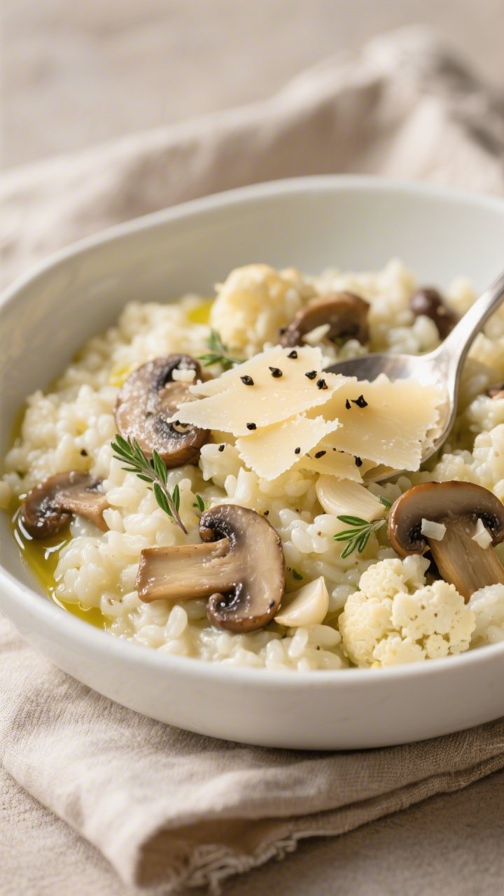 45-degree angle close-up of creamy cauliflower “risotto” in a shallow white bowl: riced cauliflower folded with butter and olive oil, sautéed cremini/baby bella mushrooms, minced garlic, flecks of thyme, glossy finish from parmesan stirred in, topped with extra shaved parmesan and cracked black pepper; warm neutral linens and a spoon partially dipped into the velvety mixture