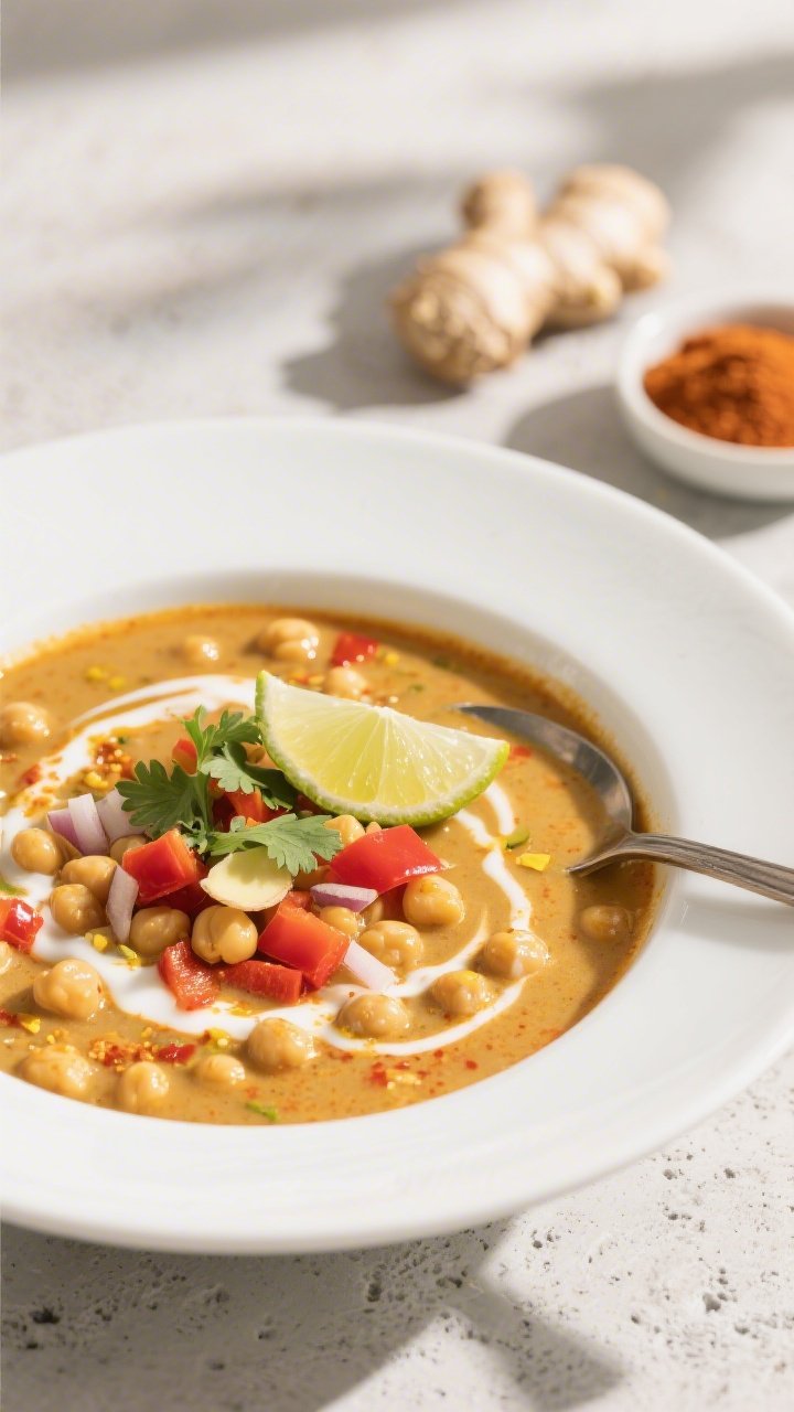 45-degree angle close-up of Creamy Coconut Curry Chickpea Soup in a wide white bowl: glossy coconut milk base infused with red/yellow curry paste, tender chickpeas, diced red bell pepper, sweet onion, grated ginger and garlic specks visible; swirl of coconut milk and a sprinkle of fresh cilantro on top; lime wedge on the side and a spoon partially dipped to show velvety thickness; bright, tropical mood with warm light on a light concrete surface, a small dish of curry paste and a nub of ginger in the background.
