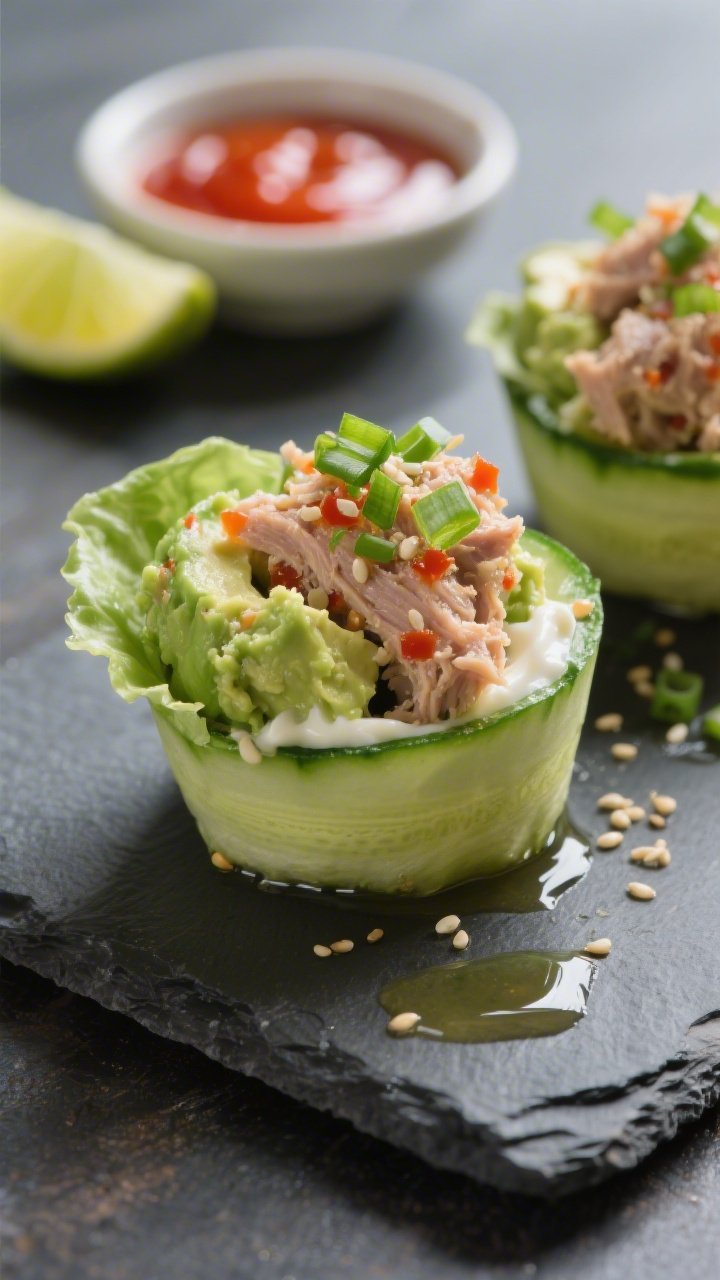 45-degree angle close-up of spicy avocado tuna crunch cups assembled in crisp cucumber rounds or mini lettuce cups, tuna in olive oil mixed with mashed avocado, mayonnaise, sriracha, lime juice, and sesame oil; garnished with finely sliced green onion and sesame seeds; a small dish of sriracha and a lime wedge nearby; glossy, vibrant, and fresh with a slight sheen from sesame oil; shot on a matte slate board for contrast, shallow depth of field emphasizing the creamy-spicy filling.
