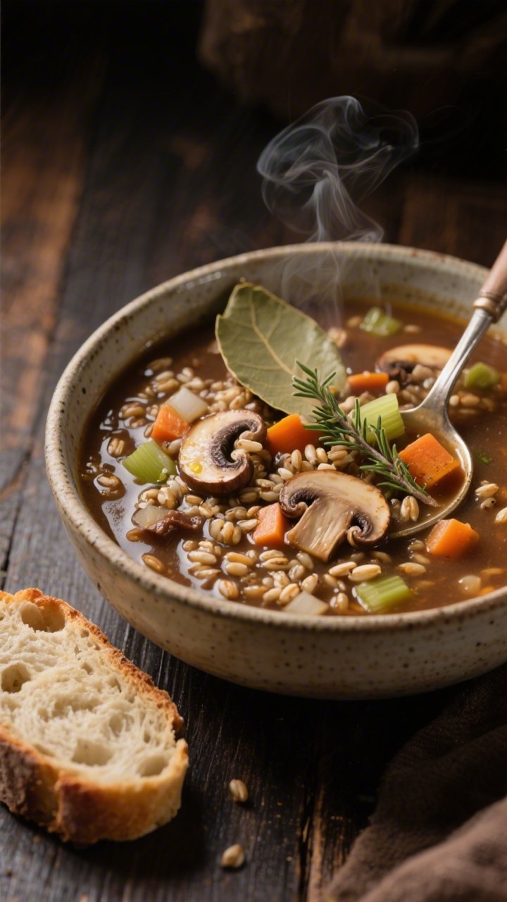 45-degree angle, cozy bowl shot of Hearty Mushroom Barley “Beefy” Soup: deep, savory broth studded with chewy pearl barley, seared slices of cremini/baby bella mushrooms, diced onion, carrots, and celery; glistening surface from olive oil and optional butter richness; thyme sprig and bay leaf peeking through, steam rising; served in a stoneware bowl with a chunky ladle and a slice of crusty bread on a dark wooden table; warm, rustic lighting highlighting umami mushrooms and hearty texture.
