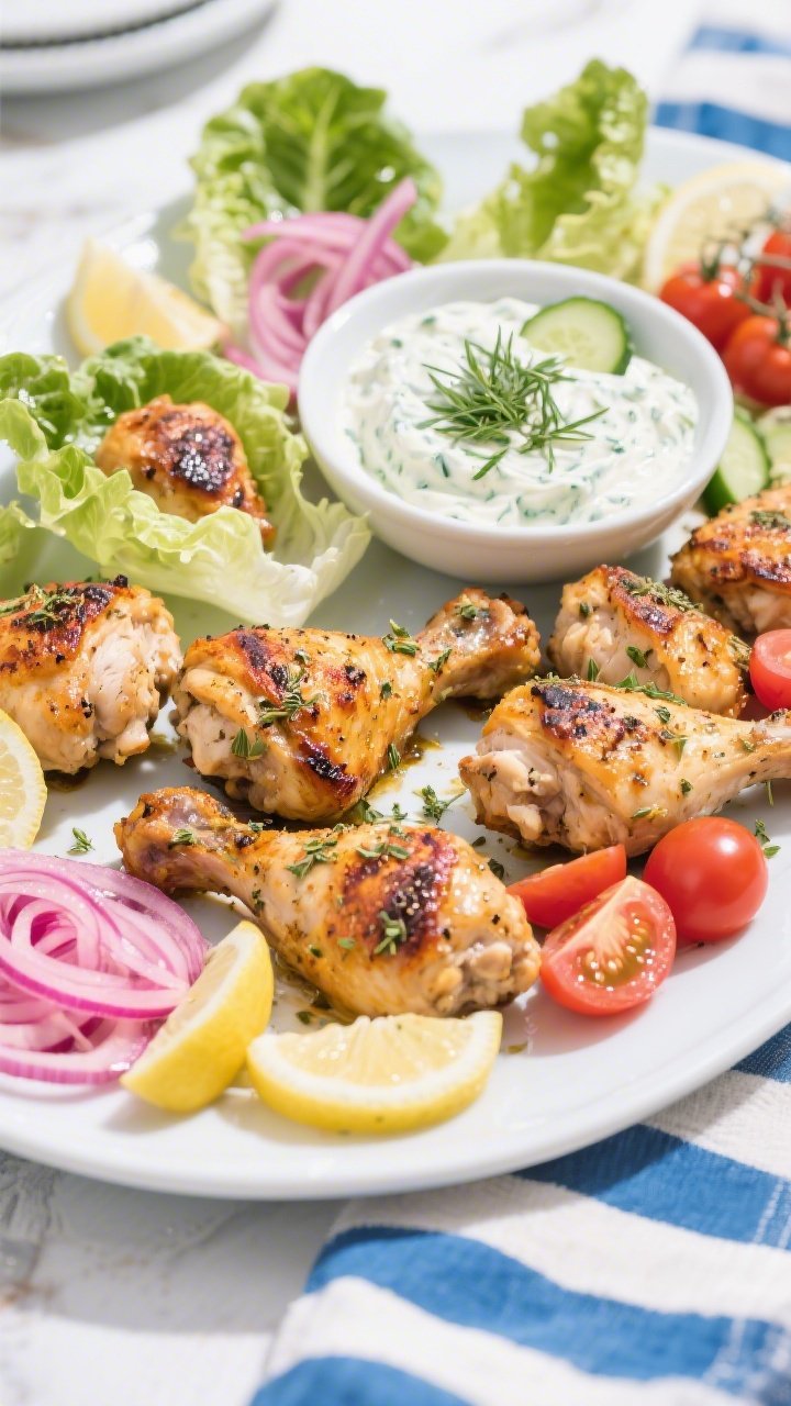 45-degree angle DIY spread: baked Greek-style chicken pieces (thighs) seasoned with oregano, cumin, garlic powder, and kosher salt, lightly charred and juicy, arranged alongside crisp butter lettuce cups; a bowl of creamy tzatziki with dill and cucumber, quick-pickled red onions glistening pink, cherry tomato halves, and lemon wedges; build-your-own vibe on a large platter, bright Mediterranean styling with cool whites and blues.