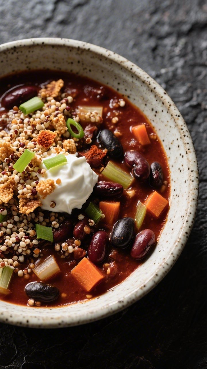 45-degree angle final bowl of Smoky Three-Bean Chili With Quinoa Crunch: a thick, dark-red stew featuring a trio of beans (kidney, black, pinto) with diced onion, carrot, and celery; chili powder, cumin, and smoked paprika lend a deep mahogany tone; topped generously with crispy quinoa clusters for contrast; garnished with sliced scallions and a dollop of dairy-free sour cream; served in a rustic speckled ceramic bowl on a textured charcoal surface, hard side light to accentuate glossy beans and crunchy quinoa.
