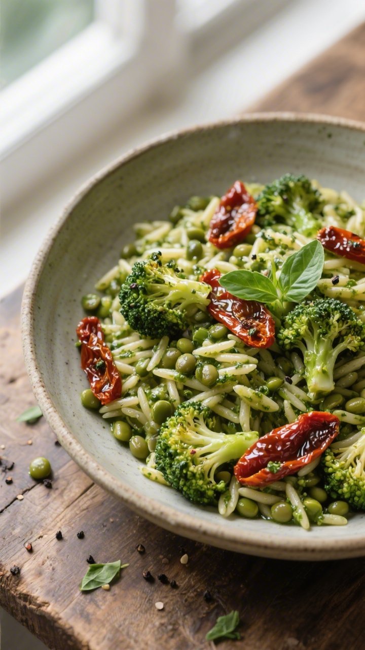 45-degree angle final dish of zesty pesto lentil orzo with roasted broccoli and sun-dried tomatoes: al dente orzo tossed with vibrant green pesto, tender cooked lentils, and ribbons of oil-packed sun-dried tomatoes; small broccoli florets roasted until frizzled at the edges scattered on top; glossy olive oil sheen, cracked black pepper, and micro-basil for finish; served in a shallow stoneware bowl on a rustic table, natural window light, appetizing herbaceous aroma implied.