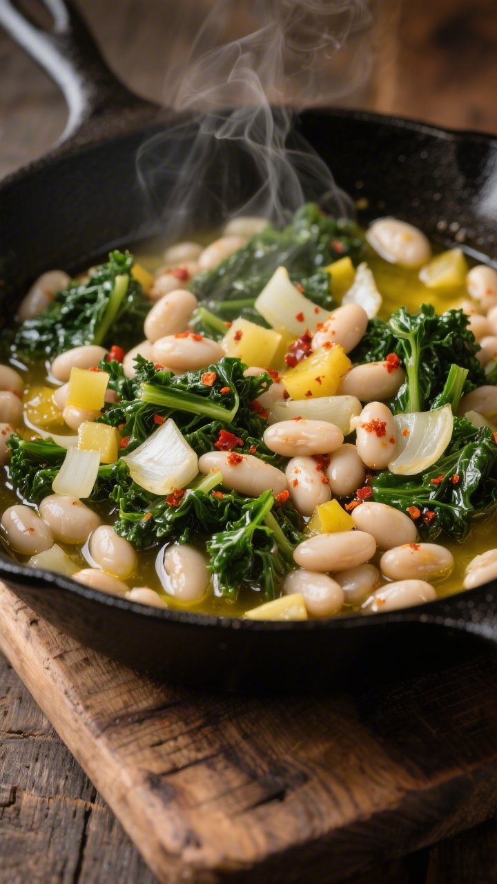 45-degree angle, in-pan cooking scene of a garlicky white bean and kale skillet: glossy extra-virgin olive oil coating tender diced yellow onion, thinly sliced garlic, no-salt-added cannellini beans, and curls of wilted kale; hints of crushed red pepper flakes and smoked paprika visible on the beans; steam rising from a matte black skillet on a rustic wooden board; warm, cozy lighting emphasizing the creamy beans and vibrant green kale, no plating, just irresistible straight-from-the-pan appeal.