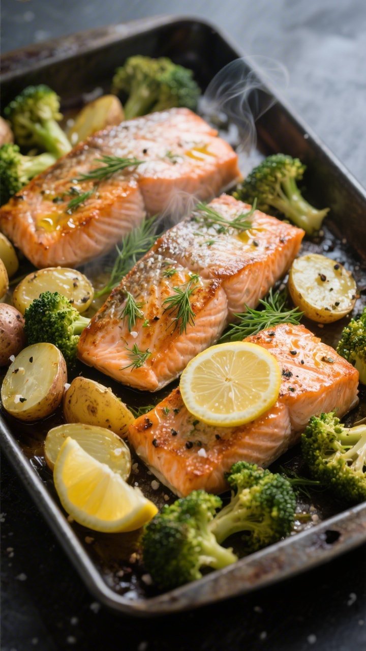 45-degree angle, one-pan roasted dinner: lemon-herb salmon fillets with crisped skin nestled among halved baby potatoes and vibrant broccoli florets; glistening olive oil, kosher salt, and cracked black pepper visible; thin lemon slices and fresh herb sprigs (dill and parsley) tucked around salmon; edges lightly caramelized, steam rising, on a dark metal sheet pan for contrast