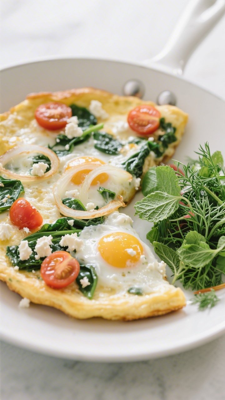 45-degree angle plated Greek-style egg white frittata: fluffy, pale egg whites set with dollops of whole-milk Greek yogurt, wilted baby spinach, halved cherry tomatoes, and crumbled feta; thin ribbons of sautéed shallot visible on top; served in a white enamel skillet with a fresh herb salad (parsley, dill, mint) lightly dressed on the side; clean Mediterranean vibe, cool daylight, minimal props, crisp edges and bright colors.