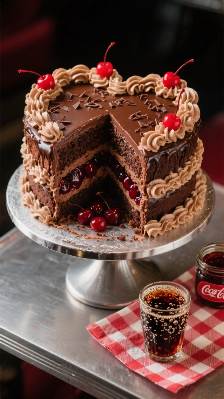 45-degree angle plated presentation: A retro Cherry Cola Diner heart-shaped chocolate cake, brushed with cola for sheen and moisture, filled with cherry preserves that glisten at the cut edge; chocolate buttercream with cocoa dusting, fluffy whipped ruffles piping along triple tiers, topped with maraschino-style cherry accents and micro chocolate shavings; set on a chrome diner cake stand with a red-checked napkin, a small glass of cola with bubbles, and an open jar of cherry preserves; moody yet vibrant lighting to emphasize gloss, rich browns, and cherry reds.