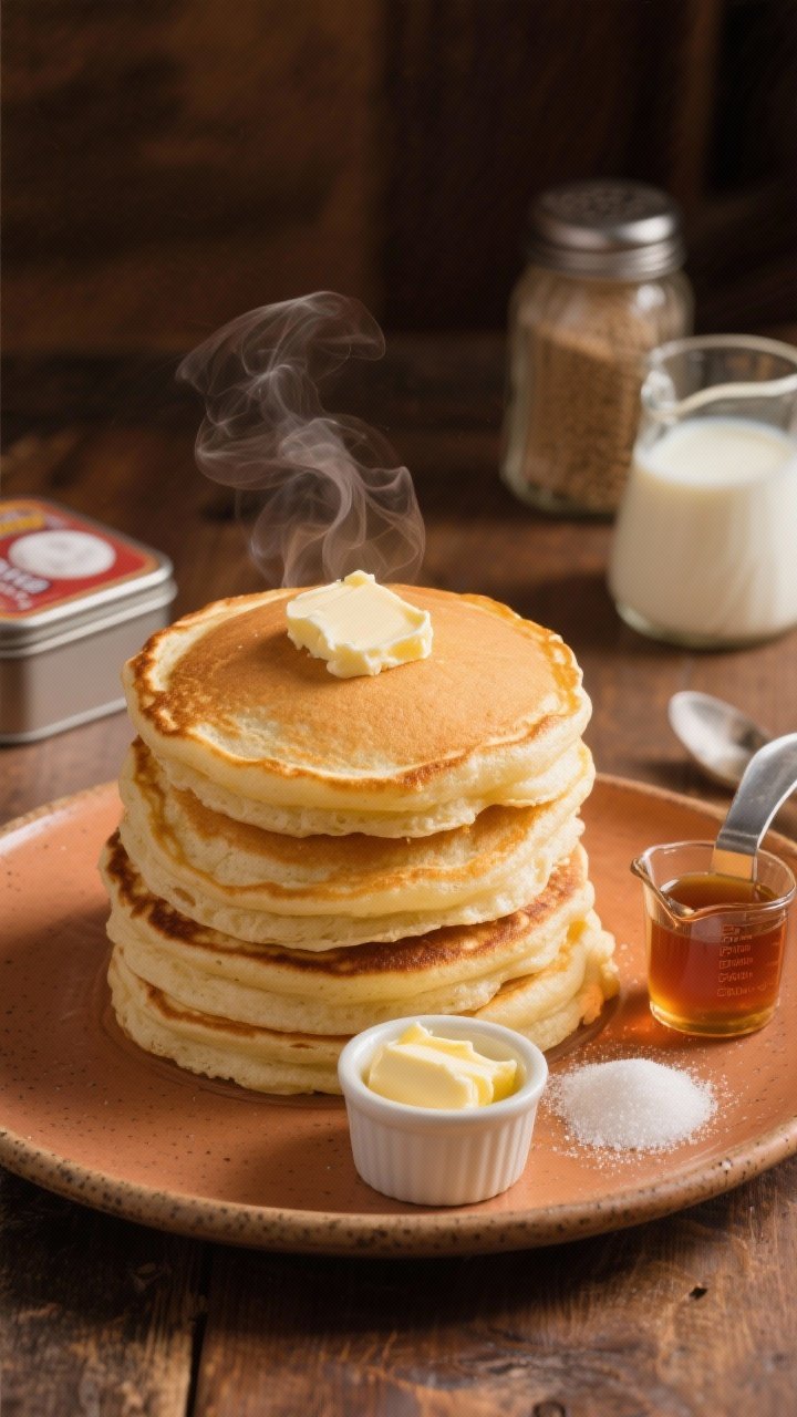 45-degree angle plated presentation of buttermilk cloud stacks: extra-thick, ultra-fluffy pancakes with buttery crisp edges, stacked tall on a warm stoneware plate, steam visible; a ramekin of softened butter, a small pitcher of maple syrup, and a measuring cup of tangy buttermilk off to the side; include a sprinkle of granulated sugar on the table and a tin of baking soda and baking powder in the background; warm, cozy lighting to emphasize pillowy texture and golden color.