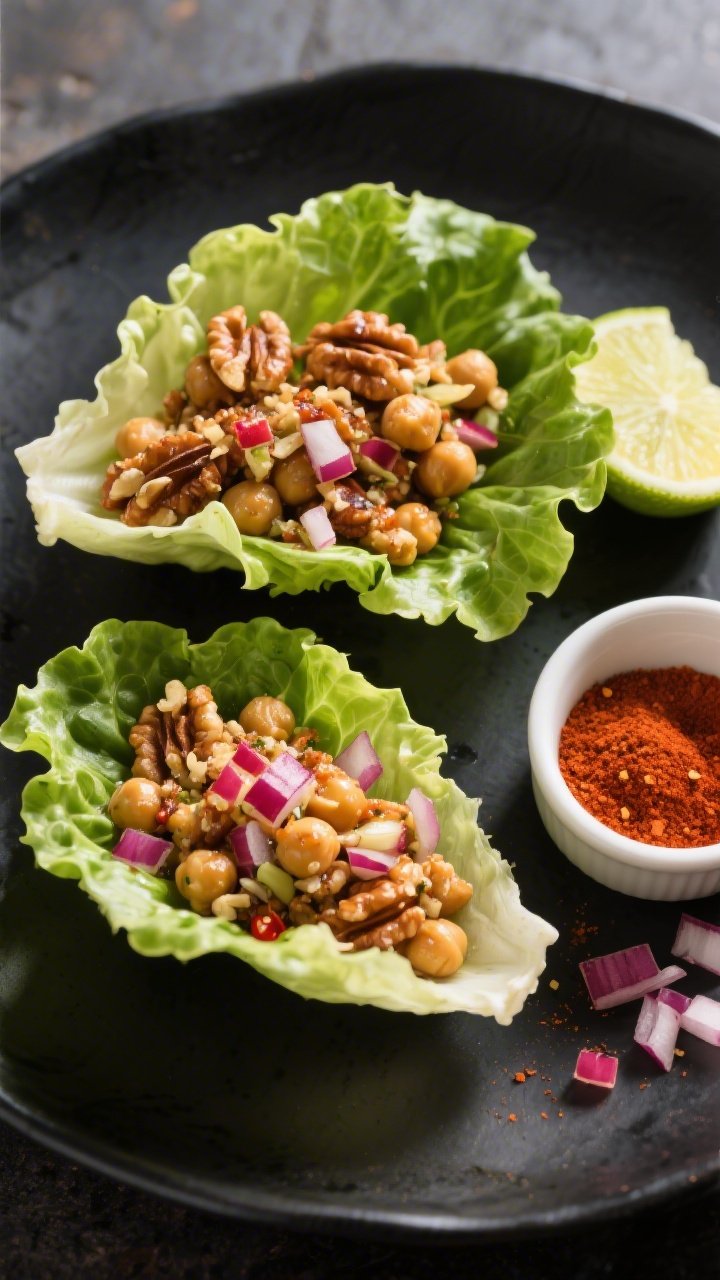45-degree angle plated presentation of smoky chickpea and walnut “taco” lettuce cups: crisp butter lettuce leaves filled with a crumbled mixture of chickpeas and toasted walnuts sautéed with olive oil, finely chopped red onion, minced garlic, chili powder, and cumin, garnished with a squeeze of lime. Show a small ramekin of chili powder and some chopped red onion on the side. Bright, vibrant colors on a matte black plate for contrast.