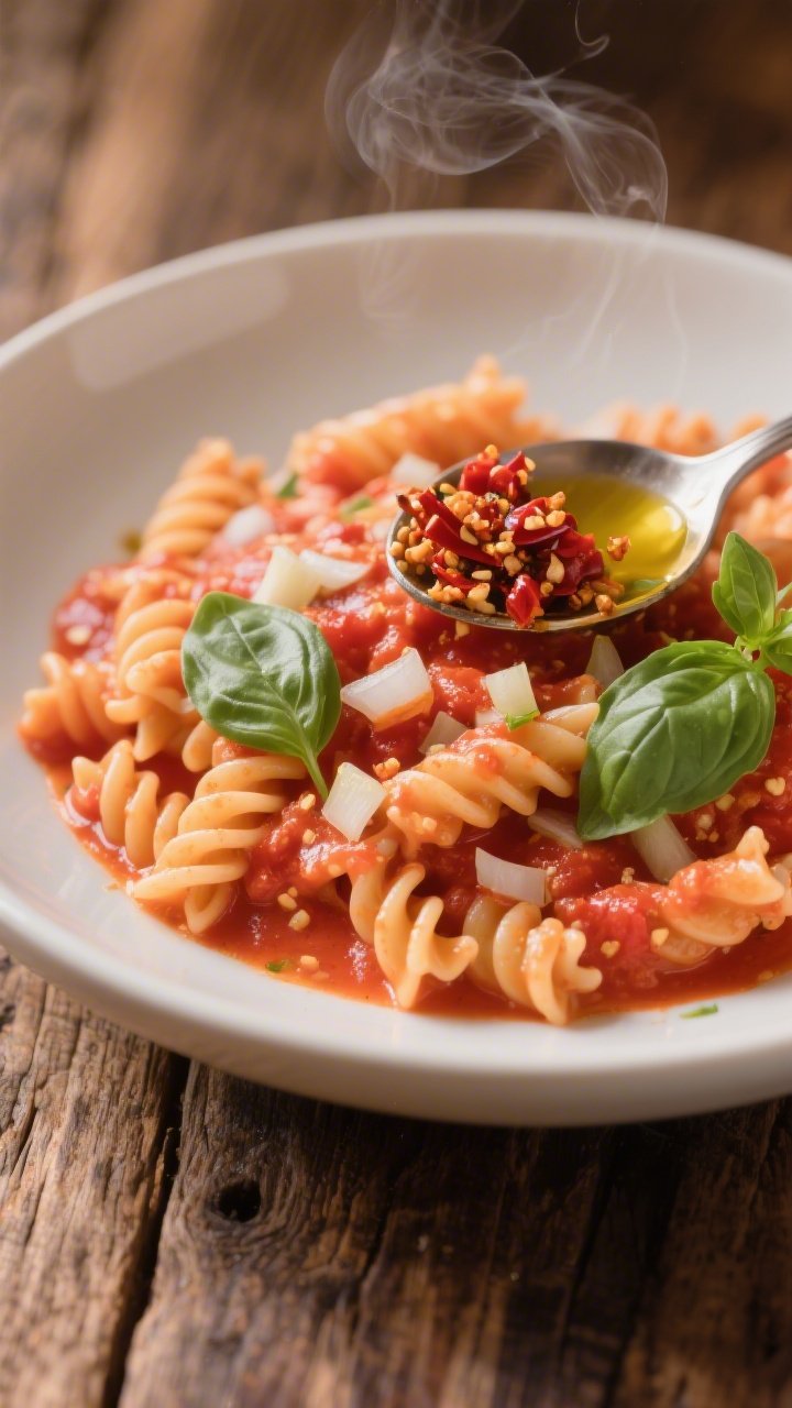 45-degree angle plated shot of Creamy Tomato Coconut Pasta: al dente rotini coated in a silky tomato-coconut sauce, flecked with sautéed finely chopped onion and minced garlic, finished with chili crunch spooned on top for glossy heat and texture. Garnish with torn basil and a drizzle of olive oil; steam gently rising. Presented in a shallow off-white bowl on a rustic wood table, warm reds and coral hues from the sauce, crunchy chili oil speckles clearly visible.