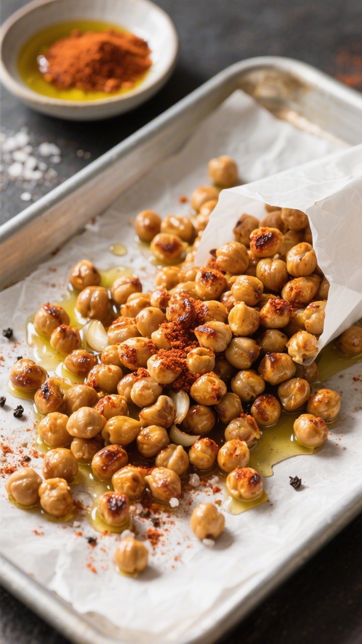 45-degree angle process shot: Smoky paprika roasted chickpeas spilling from a parchment-lined sheet pan, glistening with olive oil. Visible seasoning of smoked paprika, garlic powder, onion powder, kosher salt, and black pepper clinging to the blistered, golden chickpeas. A small bowl of the spice blend and a drizzle of olive oil in frame. Warm, crunchy, snap-crackle visual cues emphasized with sharp contrast and crumbs on the pan.