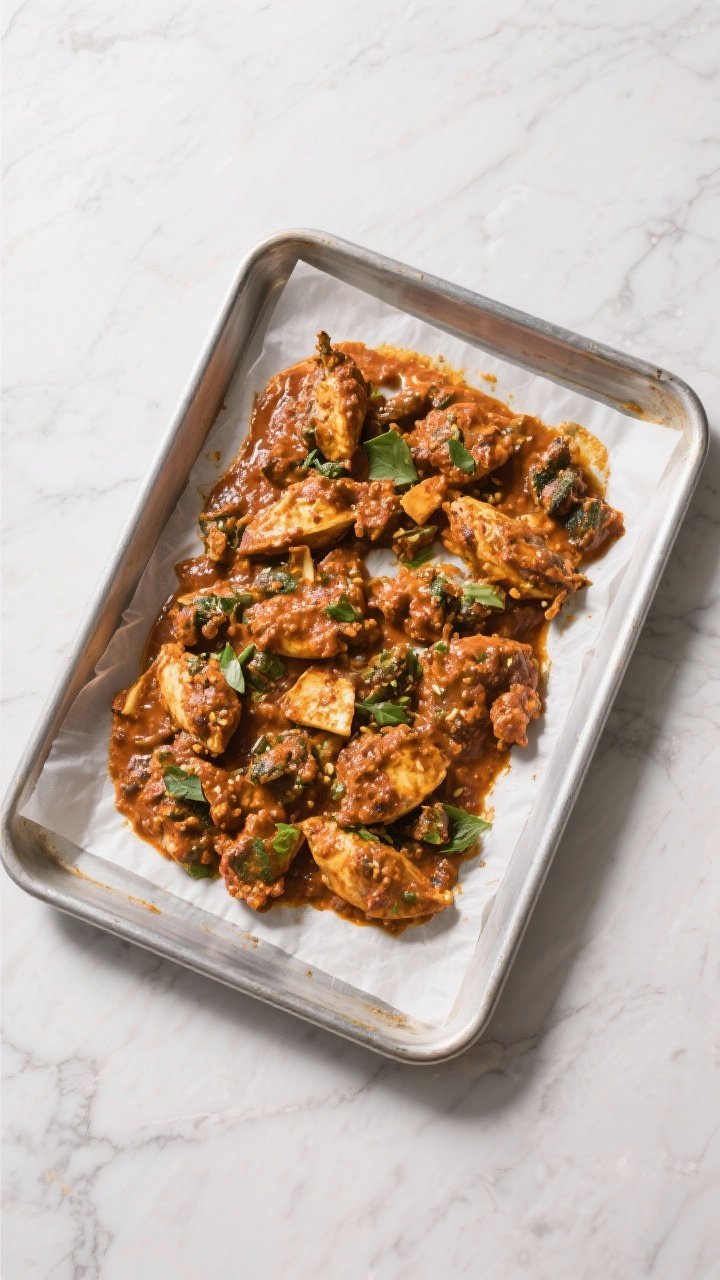45-degree angle sheet-pan scene: a large metal sheet pan lined with parchment showcasing sheet-pan tikka masala—marinated