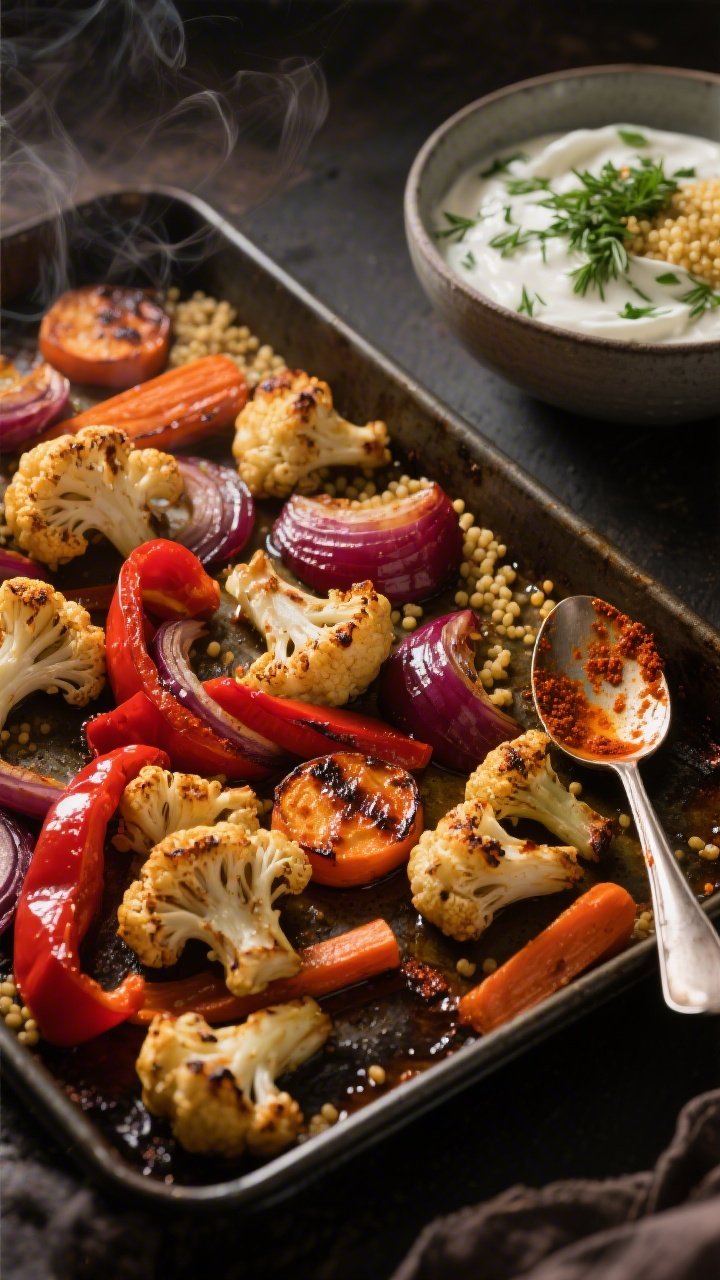 45-degree angle sheet-pan scene of harissa-roasted vegetables just out of the oven: cauliflower florets, red bell pepper strips, red onion wedges, and carrot slices glistening with olive oil and harissa paste, edges charred and caramelized; a side bowl of herby yogurt (speckled with dill and parsley) and a shallow dish of golden, crispy couscous; warm, moody light emphasizing roasted textures, steam faintly visible, styled on a dark metal sheet pan with a spoon streaked with harissa for context.