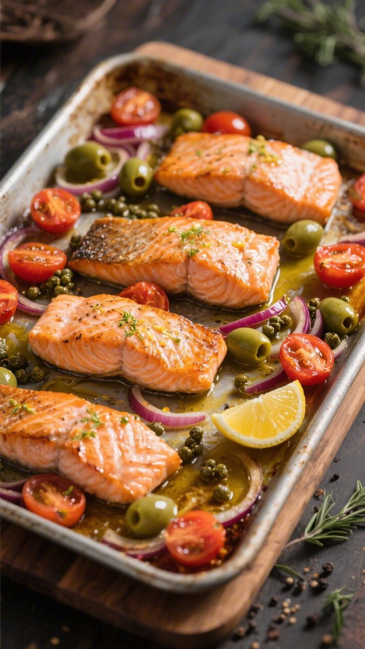 45-degree angle sheet-pan scene of Sicilian salmon just out of the oven: four skin-on fillets with crisped edges nestled among roasted halved cherry tomatoes, sliced green olives, briny capers, and thin red onion ribbons, everything glossy with olive oil and speckled with lemon zest; a half lemon juiced nearby, pan juices pooling, scattered oregano and black pepper, warm golden light emphasizing flaky salmon and juicy tomatoes, rustic metal pan on a wooden board.