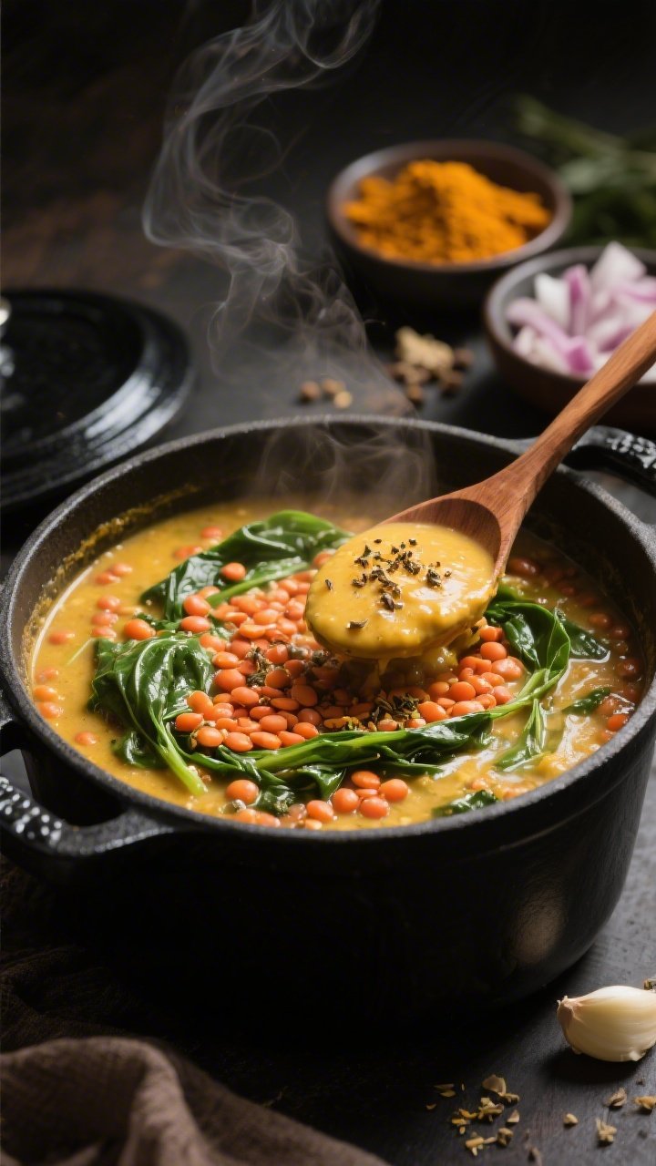 45-degree angle shot of a Creamy Coconut Lentil Stew simmering in a matte black Dutch oven: red lentils in a golden coconut-turmeric broth with wilted spinach ribbons, flecks of cumin, grated ginger, and minced garlic visible; a wooden spoon lifting a ladleful to show creamy texture; small bowls of turmeric, cumin, and chopped onion nearby; steam rising, moody side light, rich and cozy, shallow depth of field.