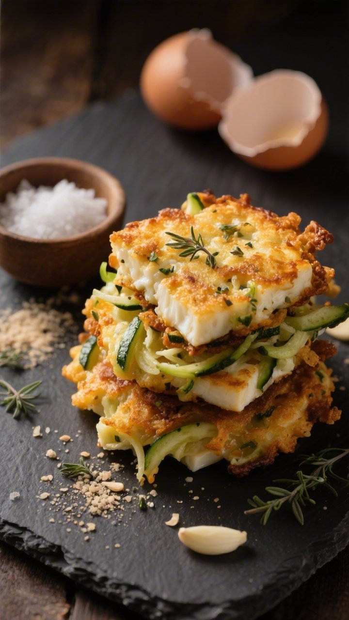 45-degree angle shot of crispy halloumi & zucchini fritters stacked on a slate plate: visible shredded zucchini strands and grated halloumi inside a golden, craggy crust; flecks of dried oregano and garlic powder dotting the surface; a small ramekin of sea salt, a sprinkle of almond flour dusting, and two cracked eggshells in the background to hint at ingredients; warm, moody lighting to accentuate texture and crunch.