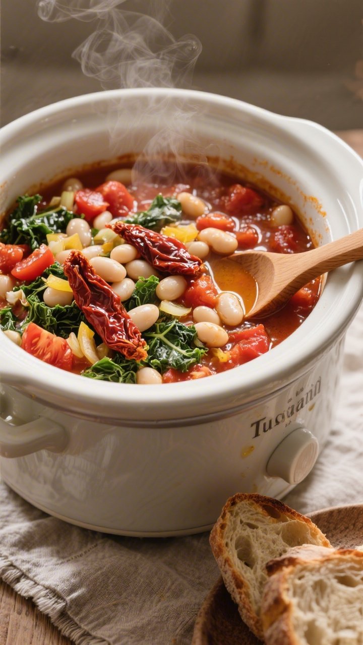 45-degree angle shot of Tuscan White Bean & Sun-Dried Tomato Stew simmering in a ceramic slow cooker: cannellini beans visible among fire-roasted diced tomatoes, chopped yellow onion and minced garlic, ribbons of sun-dried tomatoes, torn kale stirred in, a drizzle of olive oil glistening on top; rustic Italian mood with a wooden spoon resting on a linen, steam rising, served with crusty bread on the side, rich reds and greens contrasting creamy white beans.