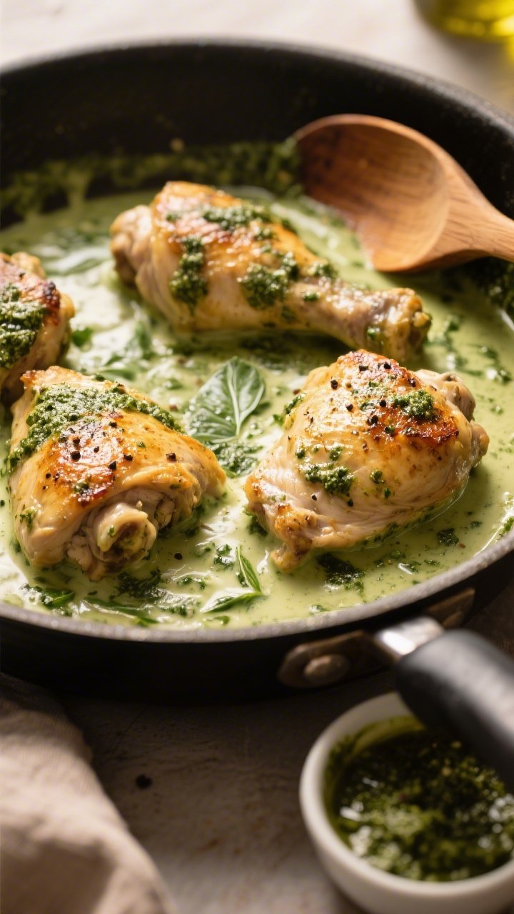 45-degree angle skillet scene of creamy pesto chicken thighs simmering in a velvety green basil pesto and heavy cream sauce; chicken thighs seared golden with pepper flecks, sauce clinging to the meat, a light olive oil sheen; minimal props—wooden spoon resting on the pan edge, small bowl of pesto nearby; warm, cozy lighting for a rustic Italian feel.