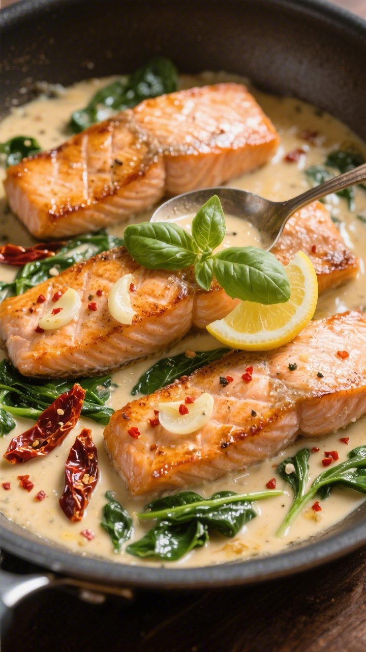 45-degree angle skillet scene of creamy Tuscan salmon: four salmon fillets, skin on, seared in olive oil and sun-dried tomato oil, seasoned with kosher salt and black pepper; bathed in a silky cream sauce with thinly sliced garlic, red pepper flakes, sun-dried tomato strips, and wilted spinach; glossy sauce spooned over fillets, lemon wedge and fresh basil accents, warm golden light