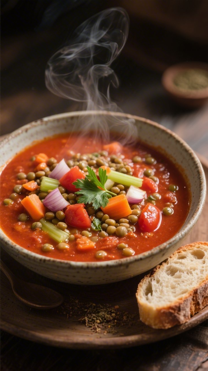 45-degree angle steaming bowl of spiced lentil and tomato soup: a rustic bowl filled with a thick, brick-red soup featuring visible lentils, diced onion, carrot, celery, garlic, and a rich tomato base with ground cumin and coriander notes. Finish with a glossy extra-virgin olive oil drizzle and a sprinkle of fresh parsley. A slice of crusty whole-grain bread on the side; warm, cozy lighting with gentle steam.