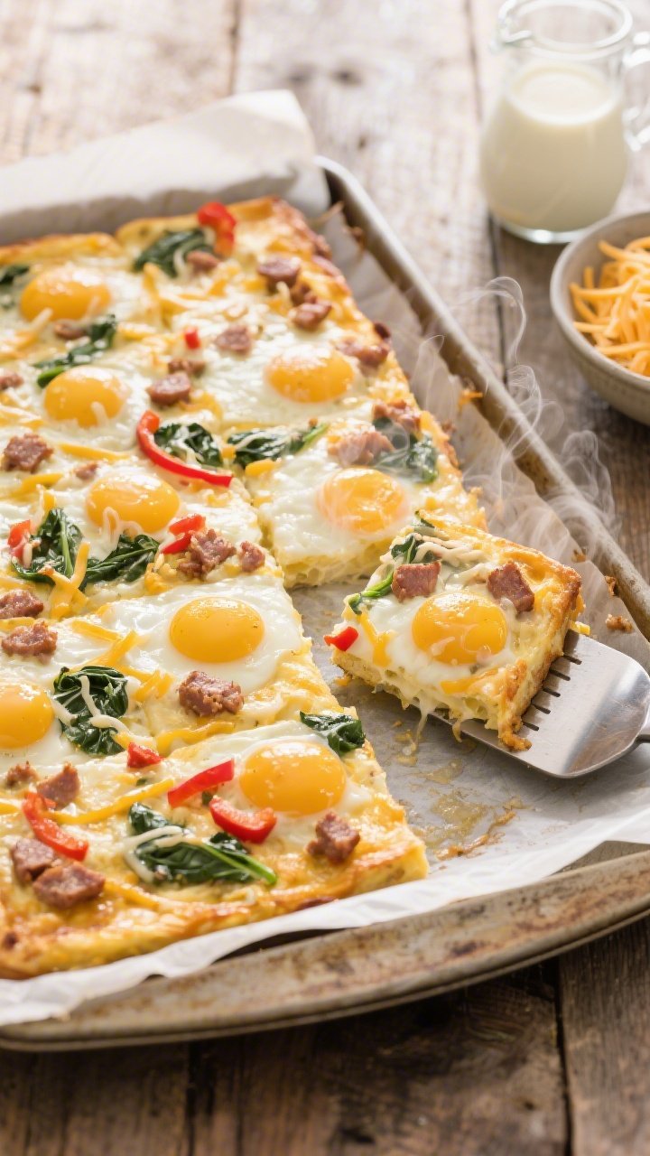 45-degree angle tray shot of sheet-pan cheesy egg squares fresh from the oven: a parchment-lined rimmed sheet pan holding a golden, puffed egg bake made with 10 eggs and heavy cream, speckled with crumbled breakfast sausage, ribbons of melted mozzarella and cheddar, pockets of chopped baby spinach, and red bell pepper confetti; one corner cut into neat squares with a metal spatula sliding under a piece; steam gently rising; placed on a rustic wooden table with a bowl of shredded cheeses and a jug of cream nearby; bright, clean light for meal-prep vibe.