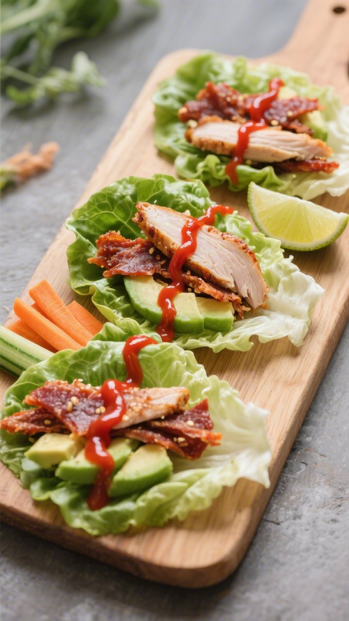 45-degree assembly shot: Spicy Sriracha turkey jerky lettuce wraps laid out on a wooden board—butter lettuce leaves cradling slices of roasted or smoked turkey (or torn turkey jerky), thin avocado slices, carrot matchsticks, and cucumber sticks. A visible zigzag of Sriracha over the fillings, lime wedges on the side. Fresh, crunchy vibe with vibrant greens and reds, minimal props, bright daylight.