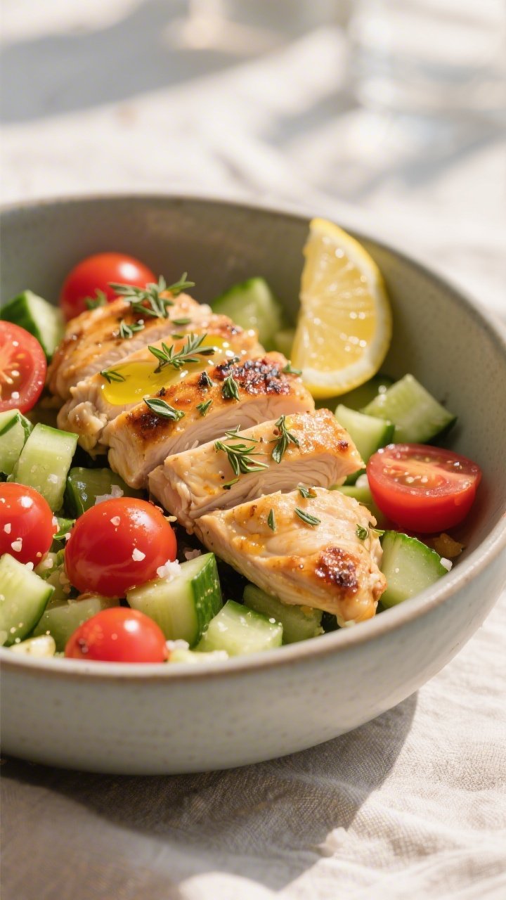 45-degree bowl composition: Greek-ish chicken bowls with juicy oregano-garlic chicken thighs sliced over a bed of diced English cucumber and halved cherry tomatoes; drizzle of olive oil, flakes of dried oregano, kosher salt, and black pepper glinting; optional lemon wedge for brightness; served in a matte ceramic bowl on a sunlit linen, clean Mediterranean palette of reds, greens, and golden-browned chicken