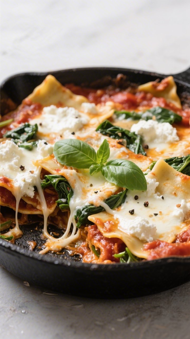 45-degree bubbling Cottage Cheese Spinach Lasagna Skillet: broken whole-wheat lasagna sheets nestled in marinara with a splash of water, creamy dollops of cottage cheese and part-skim mozzarella melting into ribbons, wilted spinach folded throughout. Garnished with fresh basil and cracked pepper. Served in a black skillet, strings of cheese stretching, cozy weeknight comfort mood.