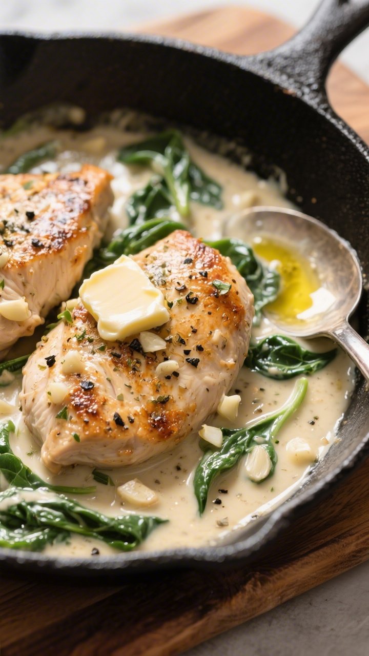 45-degree close-up of a creamy garlic chicken skillet: seared chicken breasts nestled in a glossy cream sauce with visible minced garlic, Italian seasoning speckles, and wilted spinach ribbons. Butter pat melting at the edge, olive oil sheen catching light, black pepper cracks on the surface. Serve in a black cast-iron skillet on a wooden board, with a spoon trail showing sauce viscosity. Cozy, weeknight comfort mood, shallow depth of field highlighting creamy texture.