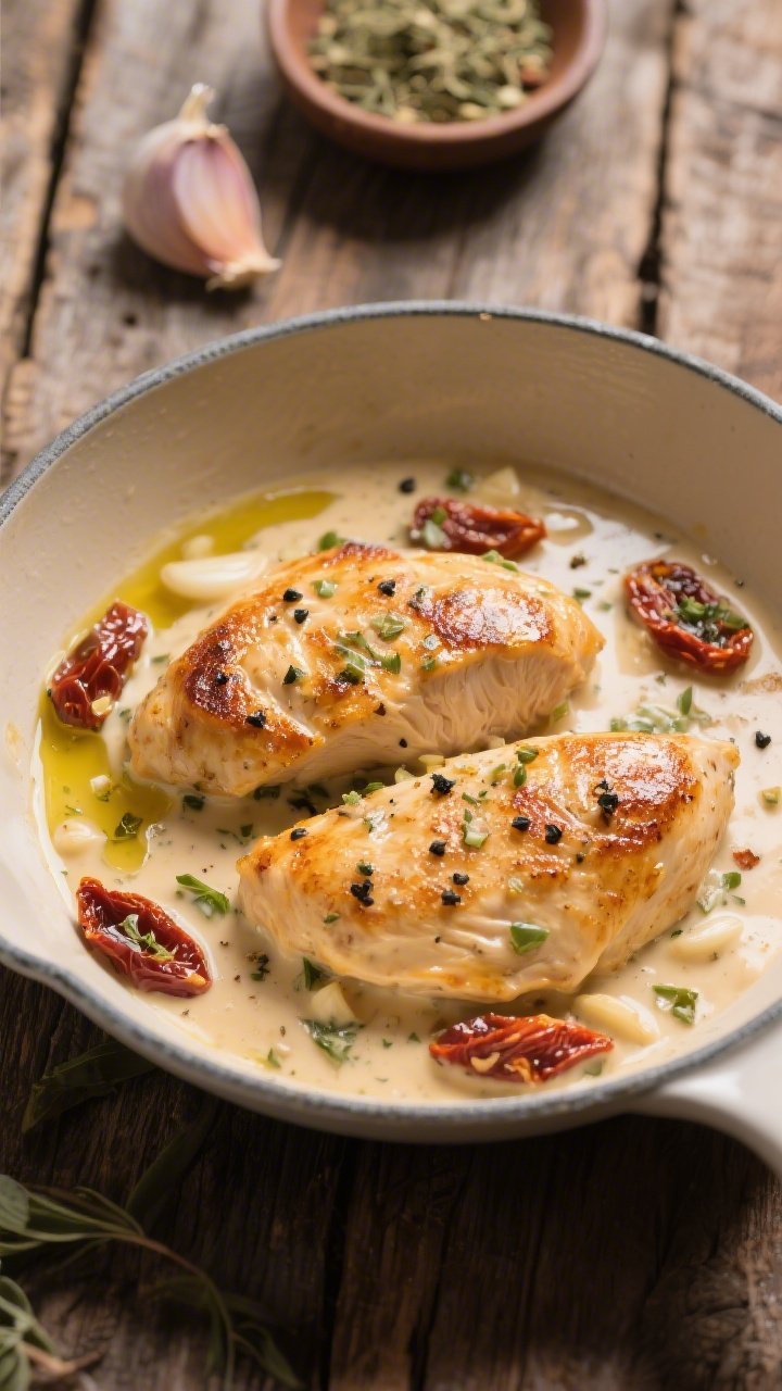 45-degree close-up of a creamy Tuscan chicken skillet: golden-seared chicken breasts nestled in a luscious cream sauce with visible sun-dried tomatoes, minced garlic, and Italian seasoning flecks; olive oil gloss on the chicken, crackled black pepper on top, sauce pooling around the edges; shot in a matte enameled skillet on a rustic wooden table with a small dish of Italian seasoning and a clove of garlic in the background; warm, inviting light that makes the sauce look drinkable.