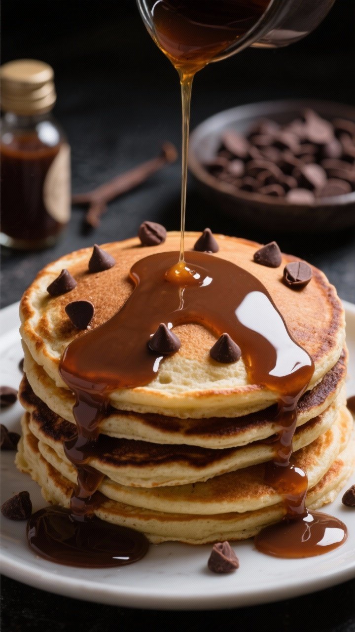 45-degree close-up of chocolate chip pancakes with melted puddle centers: stack of pancakes with gooey, semi-melted chocolate chips forming shiny puddles in the centers, edges lightly crisp; a gentle pour of warm syrup captured mid-drip; vanilla extract bottle and a dish of chocolate chips soft-focused in the background; rich, moody lighting to accentuate chocolate gloss and warm tones.