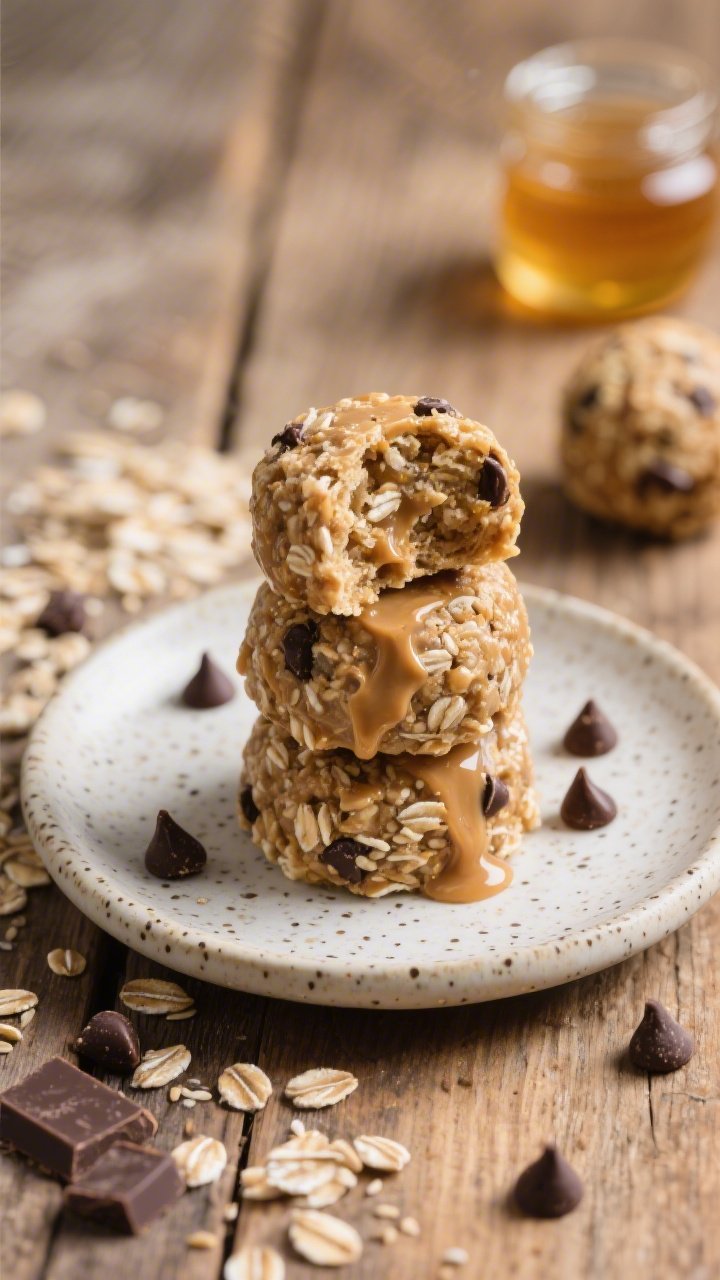 45-degree close-up of no-bake energy bites stacked on a small speckled ceramic plate, cross-section visible to show rolled oats, natural peanut butter, honey or maple syrup sheen, ground flaxseed or chia specks, and mini dark chocolate chips; a rustic wooden surface with scattered oats, chocolate chips, and a small jar of honey in the background; soft, natural light highlighting gooey yet firm texture.