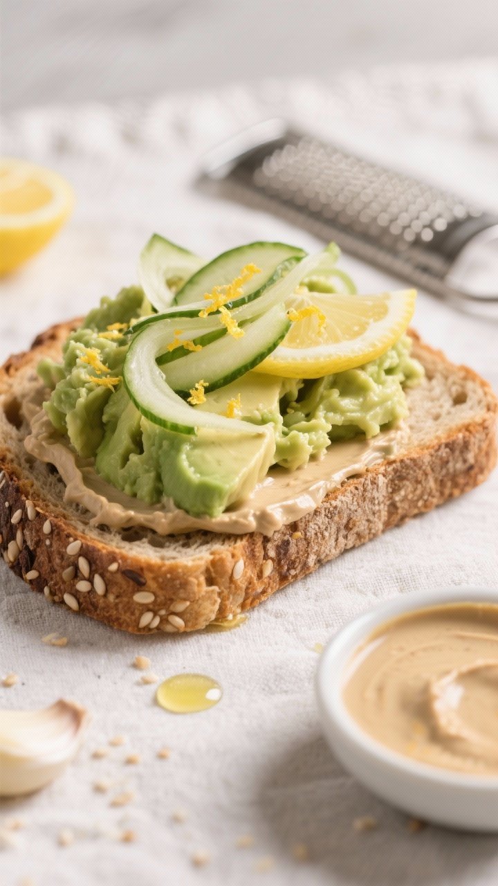 45-degree close-up of seeded whole-wheat sourdough toasts layered with garlicky tahini (tahini whisked with grated garlic and lemon juice) beneath creamy smashed avocado, topped with delicate cucumber ribbons and a whisper of lemon zest; tiny puddles of olive oil catch the light. Clean, fresh vibe on a light linen with a small dish of tahini and a microplane nearby, emphasizing sesame, garlic, and citrus aromatics.
