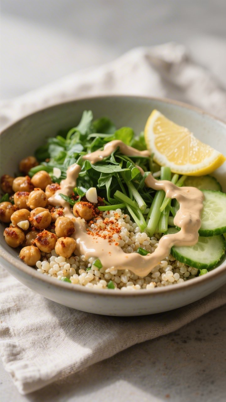 45-degree composed bowl of Green Goddess Quinoa Bowl: fluffy quinoa base with crispy roasted chickpeas dusted in smoked paprika and garlic, ribbons of fresh greens and herbs, cucumber and scallion accents; generous tahini drizzle cascading over the top, lemon wedge on the side; served in a matte ceramic bowl on a linen napkin, light and airy mood, focus on crunchy chickpea texture and creamy tahini sheen
