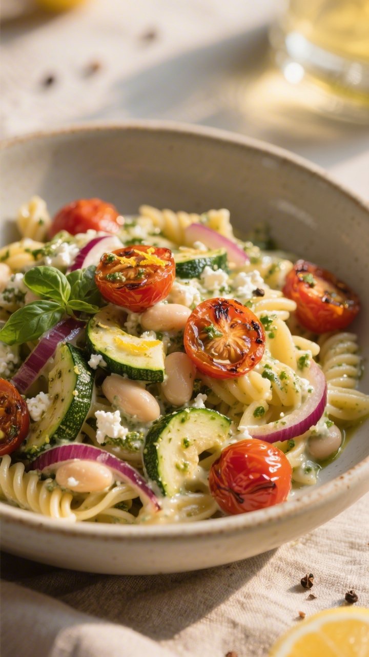 45-degree cozy pasta bowl of Creamy White Bean and Roasted Veg Pasta With Cottage Cheese Pesto: high-protein pasta (chickpea or lentil) coated in a creamy cottage cheese–basil pesto, studded with roasted cherry tomatoes, caramelized half-moons of zucchini, and tender red onion slices; creamy white beans folded in for extra protein; finished with a drizzle of olive oil, cracked pepper, and lemon zest; served in a neutral ceramic bowl on a linen, warm golden hour light highlighting creamy sauce and roasted veg blistering.