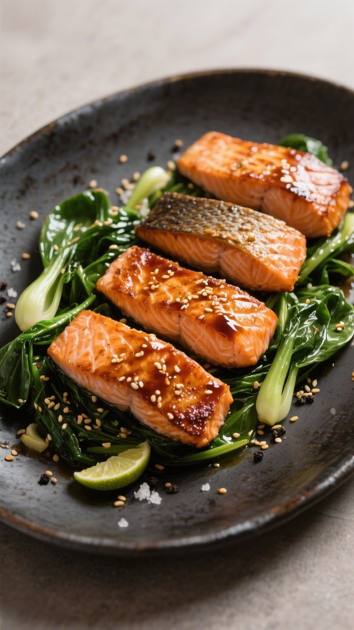 45-degree hero shot of seared salmon with miso-ginger glaze and sesame greens: four skin-on salmon fillets with lacquered, caramelized tops from a miso-ginger glaze, edges crisp; arranged on a dark ceramic platter with sautéed sesame greens (baby bok choy and spinach) glistening with neutral oil, sprinkled with toasted sesame seeds; flakes of sea salt and black pepper visible, lime-like brightness from ginger glaze catching light.