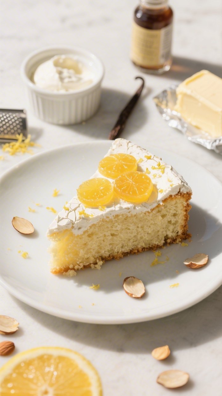 45-degree plated presentation of a lemon almond ricotta cake slice on a matte white plate, tender crumb and moist interior visible, topped with translucent candied citrus rounds (lemon and orange) and a light lemon zest sprinkle; subtle crackled top and almond notes implied through slivered almonds scattered around. Include props: a ramekin of whole-milk ricotta, zesting microplane with fresh zest, vanilla extract bottle, and softened butter on wrapper. Bright, sunlit scene with fresh, citrusy color palette.
