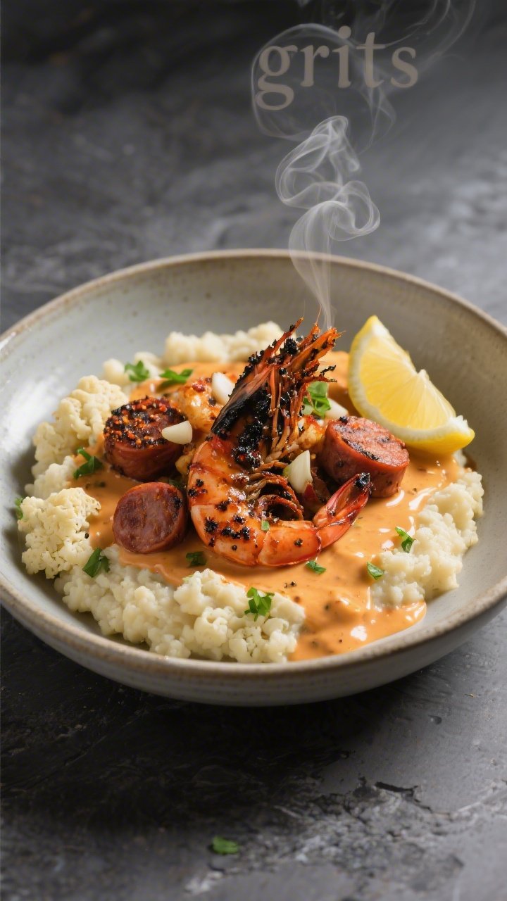 45-degree plated presentation of creamy Cajun shrimp and sausage over garlicky cauliflower “grits”: blackened shrimp with a bronzed spice crust and seared sausage coins nestled atop velvety, buttery cauliflower mash flecked with garlic; glossy Cajun cream sauce pooling and clinging; garnished with chopped parsley and a wedge of lemon; steam rising softly; served in a shallow ceramic bowl on a slate surface.