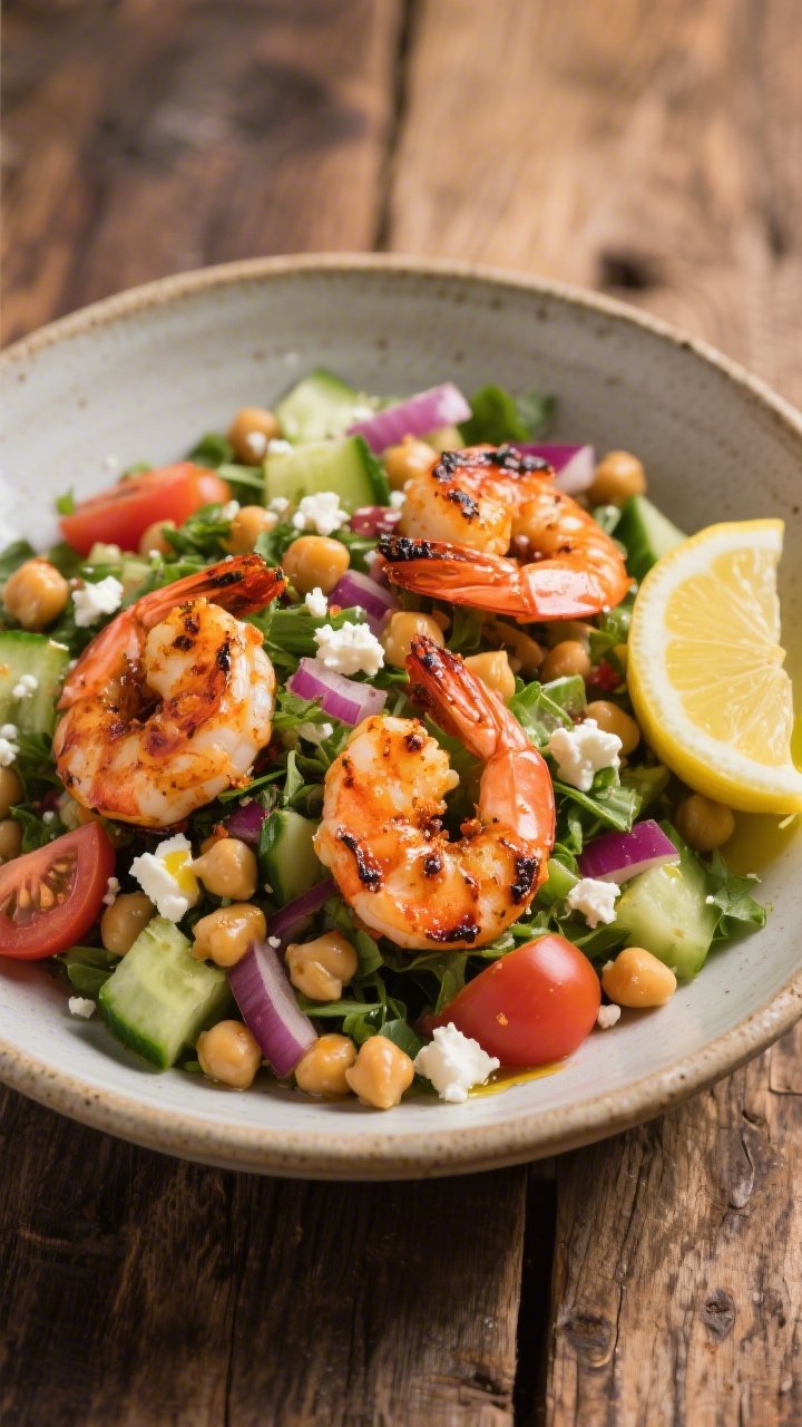 45-degree plated presentation of Harissa Shrimp and Chickpea Chopped Salad: charred large shrimp tossed in harissa paste, olive oil, ground cumin, smoked paprika, and kosher salt, arranged over a chopped salad of drained chickpeas, crisp cucumbers, tomatoes, red onion, and herbs, scattered feta crumbles; drizzle of olive oil and lemon wedge on the side; served in a shallow stoneware bowl on a rustic wooden table, warm paprika-cumin hues with vibrant greens and feta contrast.