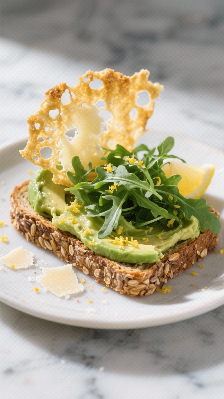 45-degree plated presentation of multigrain toast crowned with a golden, lacy Parmesan frico layer, spread with creamy ripe avocado, finished with lemon zest and a tuft of glossy baby arugula tossed in extra-virgin olive oil and lemon juice; flecks of Pecorino/Parmesan on the plate. Shot on a cool marble backdrop to emphasize the cheese crisp and peppery greens, sharp focus on textures.