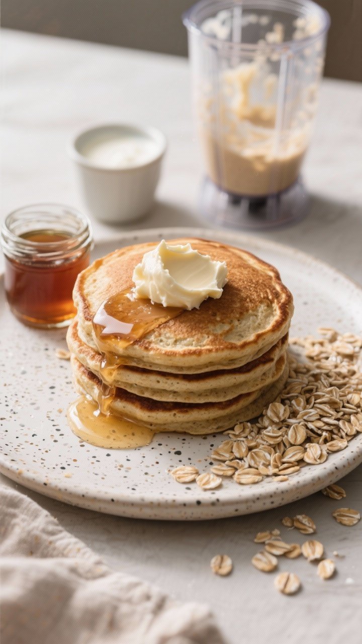 45-degree plated presentation of oatmeal blender pancakes with maple butter: hearty, slightly nubby pancakes stacked on a speckled plate, topped with a pat of whipped maple butter melting down the sides; a small jar of maple syrup, a handful of old-fashioned rolled oats, and a blender jar with residual batter in the background; include a hint of yogurt or buttermilk in a small cup; natural morning light with rustic textures.